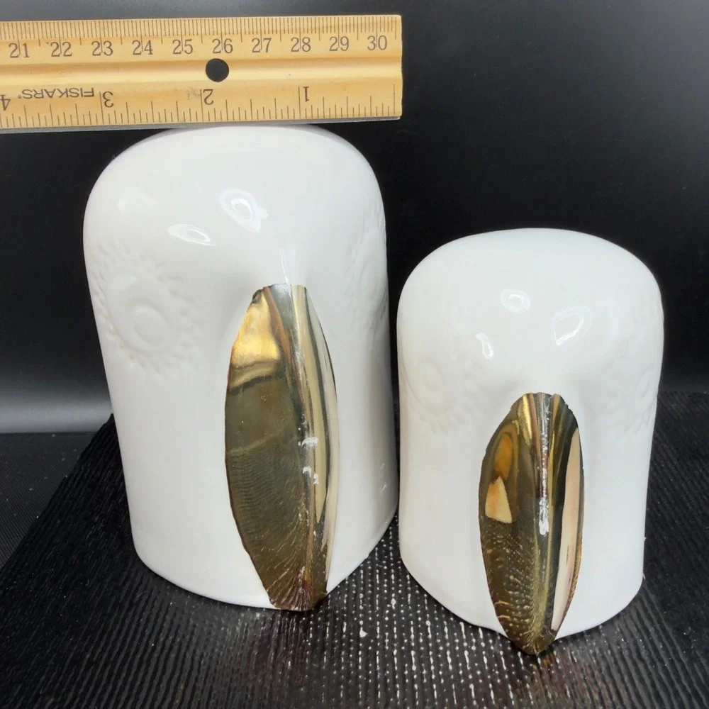 IKEA Ceramic Owl Figurine Set White Gold Metallic Beak Minimalist Decor set of 2